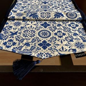 Table Runner, Mexican Talavera | Blue Table Runner | Cotton Canvas Table Runner | Tile Pattern Table Runner| Home decoration | Table linens Canvas Table Runner, Canvas Table, Talavera Design, Blue Table Runner, Mexican Talavera, Talavera Tiles, Blue Tassel, Blue Table, Tile Pattern