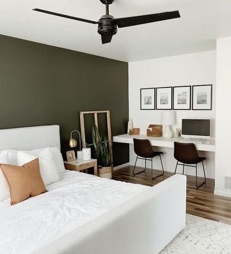 Olive Green Accent Wall, Light Green Bedrooms, Green And White Bedroom, Masculine Bedroom Decor, Olive Green Bedrooms, Green Accent Wall, Dark Green Living Room, Green Accent Walls, Masculine Bedroom