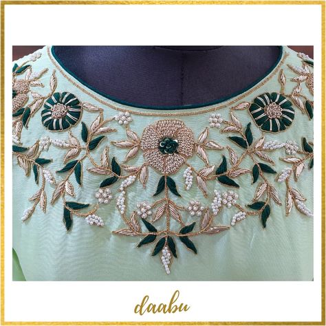 Feel the vibrancy with pastel color and enchanting tiers. . Wear this pastel green kurti enriched with Resham Hand work along with pearls and French knot embroidery @daabuofficial . . Follow us on Facebook at facebook.com/Daabuofficial . .  #like #fashionblogger #instagood #picoftheday #love #likeforlikes  #girl #clothes #clothingbrand #outfit #clothing #green  #dress #embroidery #frenchknots #pastelgreen #suit #handwork #Daabuofficial #jaipur #jaipurfashion #mondayvibes #trendingfashion #today Resham Hand Work Embroidery, Jardoshi Work Design Kurti, Resham Work Embroidery Designs, Jardoshi Work Design Blouse, Pearl Work On Kurti, Pastel Green Kurti, Green Dress Embroidery, Hand Work Embroidery Suits, Green Kurti