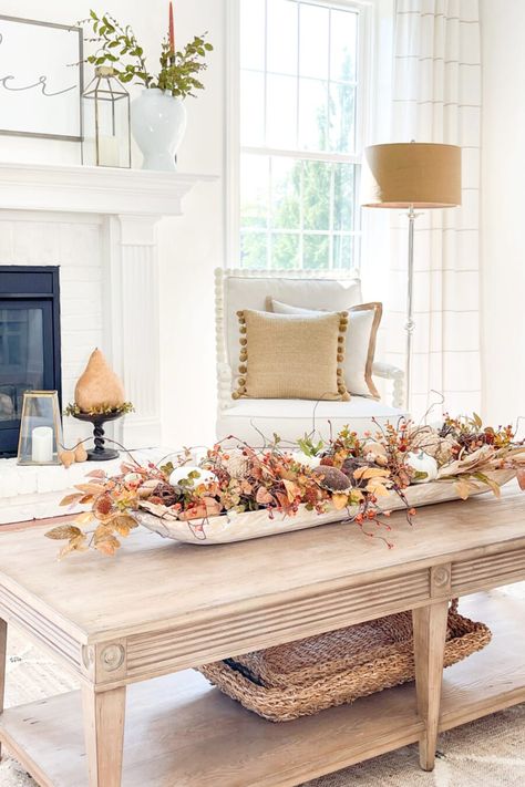 Elevate your home's ambiance with our round up fall decor ideas & autumn decorating ideas. Embrace the cozy charm of the autumn season with these autumn DIY decor ideas, fall decorating ideas, fall decorating ideas for the living room, fall decorations, fall home decor, natural fall decor, nature inspired fall decor, outdoor fall decorating ideas, pumpkin decor, Thanksgiving centerpiece ideas, unique fall decorating ideas & pumpkin displays. These fall DIY decor ideas are easy & festive! Fall Dough Bowl, Dough Bowl Centerpiece, Fall Vignettes, Books And Coffee, Fall Coffee Table, Pumpkin Display, Diy Bowl, Fall Decor Inspiration, Fall Arrangements