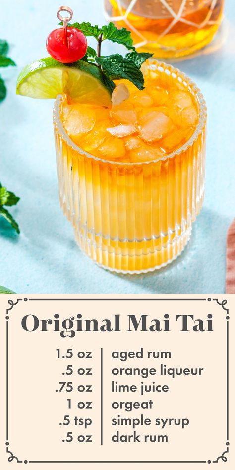 Here's how to make the original Mai Tai recipe! Gather the ingredients for this tropical rum drink that's as complex as it is fruity. #maitai #recipe #maitaicocktail #maitaidrink #rumcocktail #rum #tropical Maitai Cocktail Recipe, Mai Thai Drink Recipe, Mai Tai Recipe Hawaiian, Fruity Martini Recipes, Lotus Martini, Maitai Cocktail, Easy Mai Tai Recipe, Mai Tai Drink Recipe, Mai Tai Cocktail Recipes