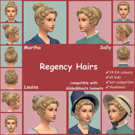 Regency Hairs This was originally going to be just one hair but I saw @gilded-ghosts‘s wip regency bonnets wanted to make sure they would fit. They were kind enough to send the meshes over and I only... Sims 4 1890s, Sims 4 Cc Decades Challenge, Sims 4 Western, Sims 4 Regency Cc, 1890s Hair, Sims Historical, Sims 4 Decades Challenge Cc, Sims 4 Victorian, Sims 4 Legacy