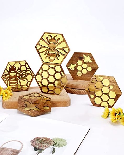 Honeycomb Coasters, Wooden Epoxy, Colored Epoxy Resin, Colored Epoxy, Bar Coasters, Flower Wall Backdrop, Diy Bar, Cup Mat, Bee Theme