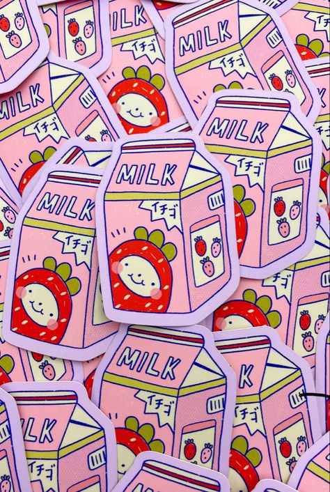 Merch Ideas Products, Paloma The Peach, Strawberry Milk Carton, Milk Sticker, Art Merch, Sticker Design Inspiration, Merch Ideas, Pen Pal Letters, Typographic Poster