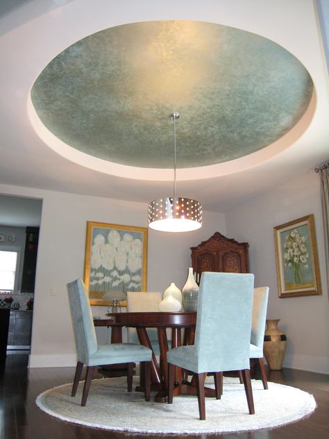 Teal metallic circle tray ceiling. Contemporary looking modern ceiling. Tray Ceiling Paint Ideas, Tray Ceiling Paint, Ceiling Paint Ideas, Ceiling Paint, Accent Ceiling, Ceiling Painting, Ceiling Finishes, Ceiling Murals, Wallpaper Ceiling