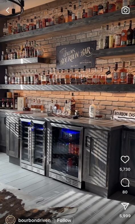 Drinking Room Home Bars, Man Cave Whiskey Bar, Whiskey Shelf Ideas Man Cave, Behind Bar Shelving, Industrial Basement Bar Ideas, Home Bourbon Bar Ideas, Industrial Home Bar Design, Garage Pub Ideas, Vintage Bar Ideas For Home