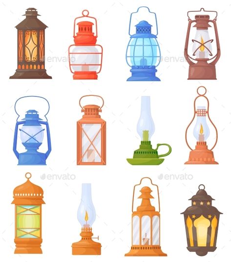 Cartoon Oil Lanterns Lantern Drawing, Garden Romantic, Drawing Body Poses, Oil Lantern, Gas Lamp, Camping Lantern, Gas Lights, Camping Lanterns, Romantic Night