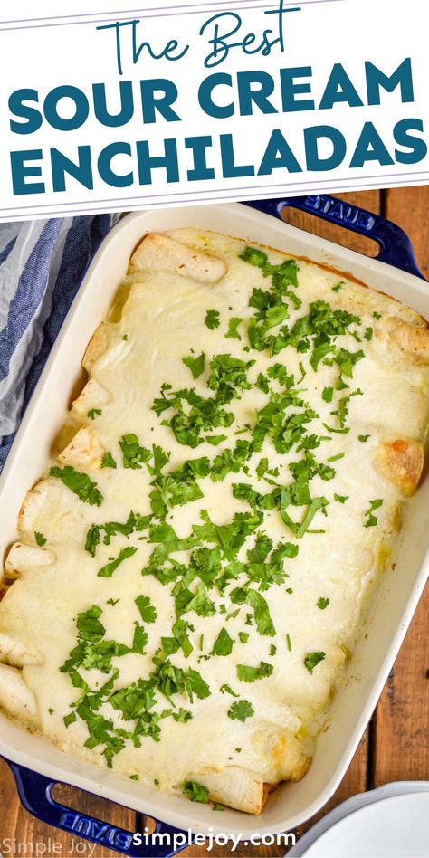 These Sour Cream Chicken Enchiladas are good to the very last drop of sauce on your plate.  Your family will love this amazing and delicious dish! Frozen Enchiladas, Sour Cream Chicken Enchilada Recipe, Sour Cream Chicken Enchiladas, Cream Chicken Enchiladas, Mexican Favorites, Sour Cream Enchiladas, Arugula Salad Recipes, Enchilada Ingredients, Freezer Food