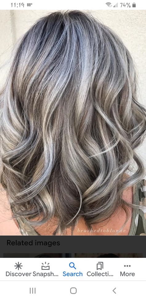 Salt And Pepper Hair With Blonde Highlights, Ashy Beige Hair, Grey Blonde Hair Ashy Highlights, Greige Hair Color, Gray Blending Hair, Grey Blending Highlights Blondes, Grey Hair Lowlights, Brown Hair With Silver Highlights, Grey Transition