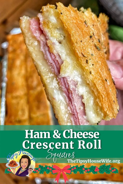 The photo shows a slice of ham and cheese sandwich squares in a flaky crescent roll. The brightly colored banner displays the name of the recipe, "ham and cheese crescent roll squares." Recipe Crescent Rolls, Deli Ham Recipes, Ham And Cheese Crescent, Housewife Recipes, Crescent Roll Bake, Ham And Cheese Roll Ups, Crescent Bake, Tipsy Housewife, Cheese Squares