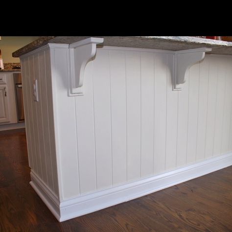 beadboard under breakfast bar images | Beadboard under the kitchen counter Bar Countertop Decor, Bar Wall Ideas, Kitchen Remodel Trends, Bar Makeover, Beadboard Kitchen, Island Makeover, Bar Countertop, Shiplap Kitchen, Kitchen Island Makeover