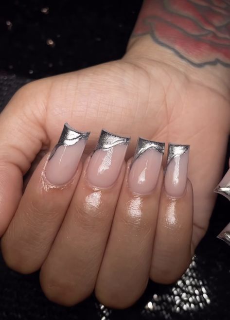 Chrome And Croc Nails, 3d Chrome Nails Short, Semi Nails, Silver Chrome Nails, Sliver Nails, Purple Chrome Nails, Classy Acrylic, Nail Appointment, Tapered Square Nails