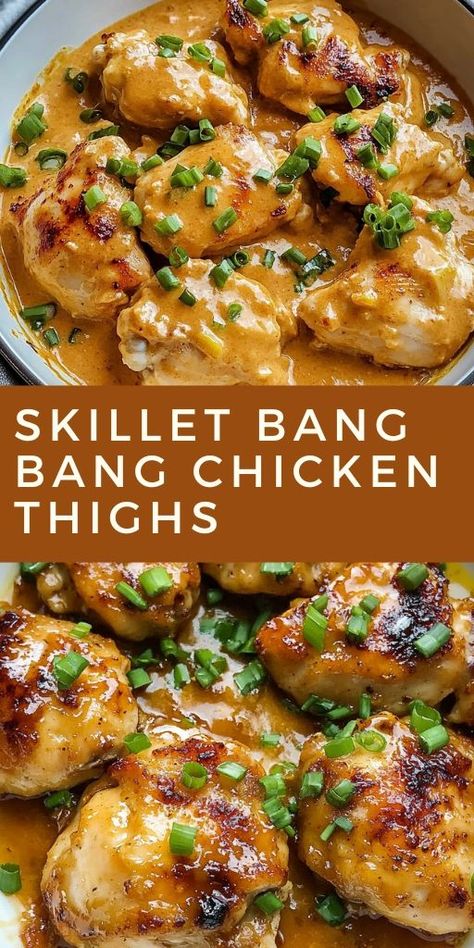 🔥 Looking for a mouthwatering, one-pan recipe? Try this One-Pan Skillet Bang Bang Chicken Thighs recipe! This dish brings bold flavors with a creamy, spicy kick that’s simply irresistible. In less than 30 minutes, you’ll have a protein-packed meal that’s perfect for weeknights. Pair it with rice, salad, or steamed veggies. 🍚🥗 #OnePanDinners #BangBangChicken #EasyDinnerIdeas #SkilletMeals #FlavorfulChicken #QuickDinner #SpicyFood Chicken Thigh Recipes With Peppers, Cubed Chicken Thigh Recipes, Recipe Using Chicken Thighs, Fast Chicken Thigh Recipes, Bang Bang Chicken Thighs, Boneless Thighs Recipes, Chicken Thigh Bowls, One Pot Chicken Thigh Recipes, Chicken Thigh Skillet Recipes