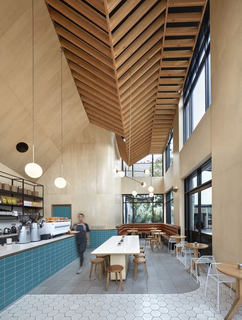 High Ceiling Cafe, Surf Coffee, Feature Wall Design, Asian Restaurant, Timber Roof, Timber Ceiling, Drinks Design, High Walls, Cool Cafe