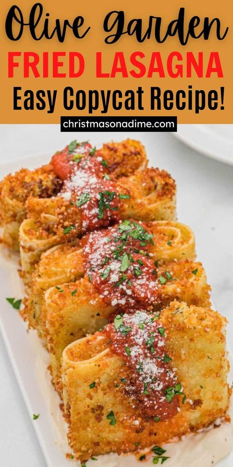 If you looking for a delicious Italian dish to make this Christmas, make Olive Garden Fried Lasagna. Easy ingredients makes this recipe tasty! This Fried Lasagna is perfect to serve as an appetizer before your Christmas dinner or as a main dish. The lasagna is deep fried to perfection and topped with a delicious marinara sauce for amazing flavor. #christmasonadime #olivegardenfriedlasagna #friedlasagna #copycatrecipes #olivegarden Fried Lasagna, Vegetarian Alfredo, Lasagna Easy, Cheesy Appetizer, Traditional Lasagna, No Noodle Lasagna, Spaghetti Pasta, Olive Gardens, Olive Garden