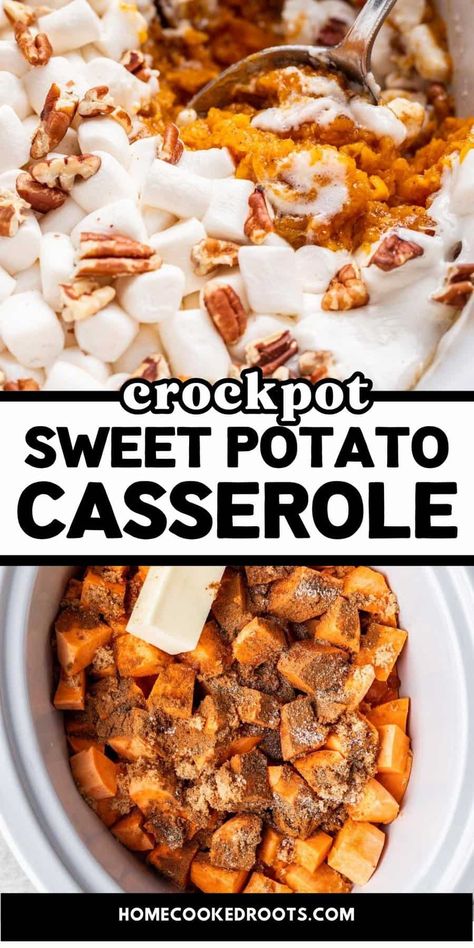 Free up your oven space and make this Crockpot Sweet Potato Casserole! Slow cooking all day caramelizes the sweet potatoes and infuses the casserole with warm cinnamon and pumpkin pie spice. All you need is 7 simple ingredients. Crockpot Sweet Potato Casserole, Sweet Potato Casserole Crock Pot, Crockpot Potatoes, Baked Sweet Potato Casserole, Crock Pot Sweet Potatoes, Sweet Potatoes With Marshmallows, Sweet Potato Casserole Easy, Slow Cooker Sweet Potatoes, Sweet Potato Souffle