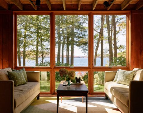 Photo 7 of 21 in A Lakeside Cabin Conjures Up Midcentury Magic in New Hampshire from Rustic Midcentury Lake Cabin in New Hampshire by KCS Architects - Dwell Rustic Ceiling Beams, Large Arrangement, Lakeside Cabin, Camden Markets, Lakeside Living, Rustic Ceiling, Lake Cabin, Abc Carpet, Lake Cabins