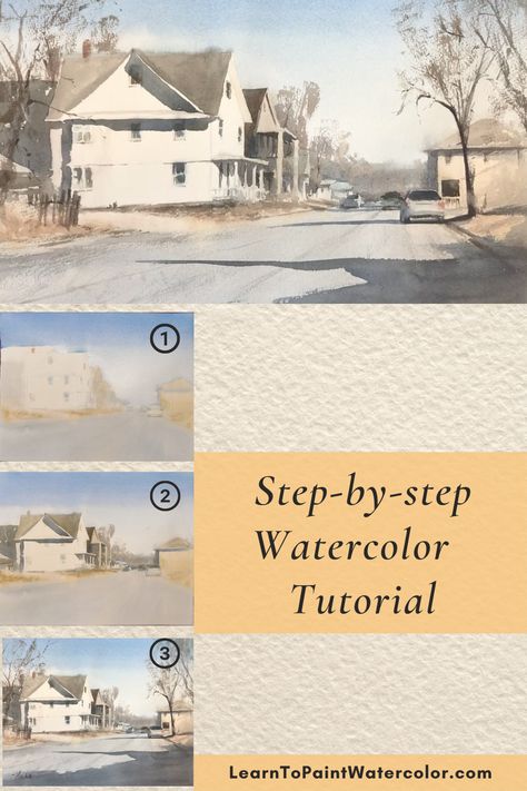 This pin features a recent painting by Matthew White followed by three pictures that depict the 3-step watercolor process he uses. Watercolor Tutorial Step By Step, Watercolor Building, Learning Watercolor, Watercolor Process, Landscape Drawing Tutorial, Watercolor Landscape Tutorial, Loose Painting, Landscape Tutorial, Beginning Watercolor