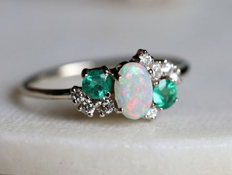 Opal and Emerald Ring Cluster Ring Opal Engagement Ring | Etsy Australia Engagement Ring Opal, 14k Gold Opal Ring, Rings Opal, Australian Opal Ring, Raw Diamond Engagement Rings, Opal Diamond Ring, Ring Cluster, Opal Engagement Ring, Engagement Ring Prices