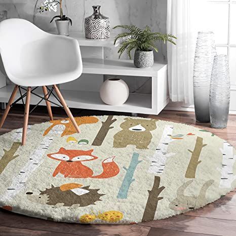 EwdeWwo Shag Area Rug, 4ft Indoor Round Area Rugs- Cartoon Bunny Bear Fox Animal Forest Shaggy Carpet Nursery Rug for Kids Baby Bedroom Living Room Home Decor Carpet Nursery, Kids Bedroom Rugs, Shaggy Carpet, Bird Rug, Rug For Kids, Fox Animal, Kids Flooring, Baby Rugs, Bunny And Bear