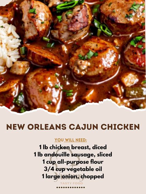 New Orleans Cajun Chicken and Andouille Sausage Gumbo Hearty Creole Gumbo with Chicken and Andouille Sausage Ingredients: 1 lb chicken breast, diced 1 lb andouille sausage, sliced 1 cup all-purpose flour 3/4 cup vegetable oil 1 large onion, chopped 1 green bell pepper, chopped 3 celery stalks, chopped 4 garlic cloves, minced 6 cups chicken broth 1 can (14.5 oz) diced tomatoes 2 teaspoons Cajun seasoning 1 teaspoon dried thyme 2 bay leaves 1/2 teaspoon smoked paprika Salt and pepper to taste 1... Sausage Creole, Andouille Sausage Gumbo, Andouille Sausage Recipes, Creole Gumbo, Sausage Ingredients, Recipes Southern, Chicken Gumbo, Sausage Gumbo, Cajun Creole Recipes