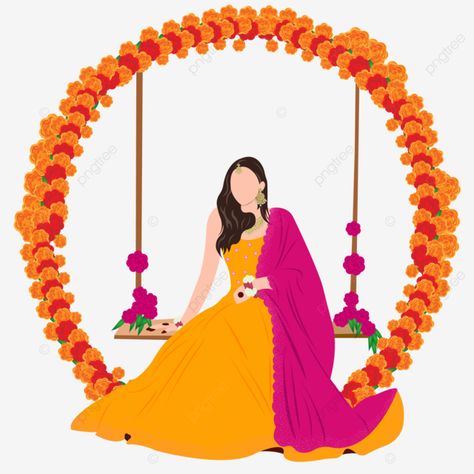 Mehendi Bride Illustration, Bride Illustration Art, Mehendi Caricature, Haldi Elements, Mehendi Illustration, Free Floral Clipart, Haldi Illustration, Couple Wedding Illustration, Indian Wedding Clipart