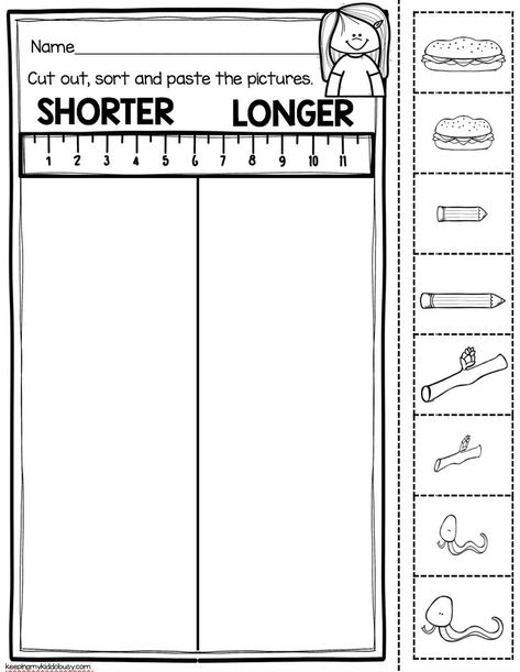 Kindergarten Measurement and Data worksheet - cut and paste shorter and longer activity Kindergarten Measurement Activities, Kindergarten Measurement, Measurement Kindergarten, Measurement Worksheets, Measurement Activities, Cut And Paste Worksheets, Worksheets Kindergarten, Prek Math, Math Measurement