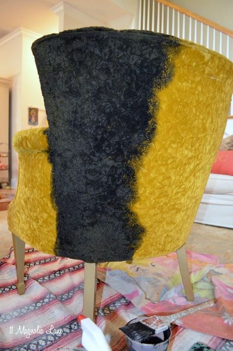 How to paint fabric and things to avoid when you do. This thrift store velvet chair got a coat of black paint (with gold legs) as part of a DIY glam living room update. How To Paint Fabric, Painting Fabric Chairs, Painting Fabric Furniture, Black Velvet Chair, Paint Upholstery, Velvet Chairs, Painting Fabric, Paint Fabric, Glam Living