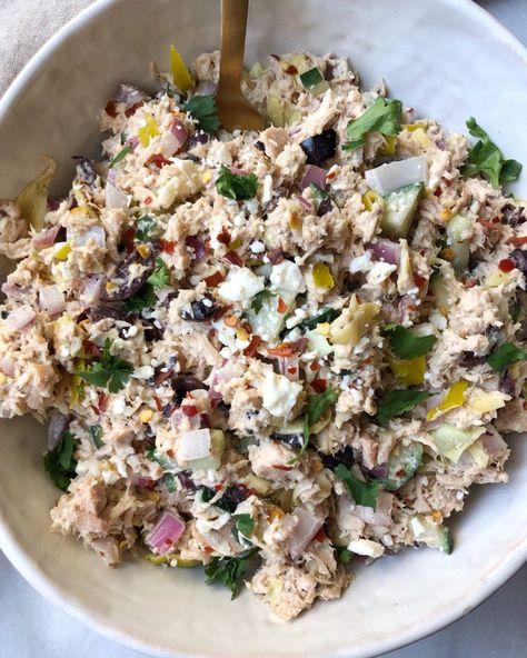 tuna salad Archives - onebalancedlife.com One Balanced Life Recipes, Elin Hilderbrand Recipes, Salad Mediterranean, Mediterranean Tuna, Mediterranean Tuna Salad, Weekday Lunches, Tuna Recipe, Zone Diet, Salad Meal Prep