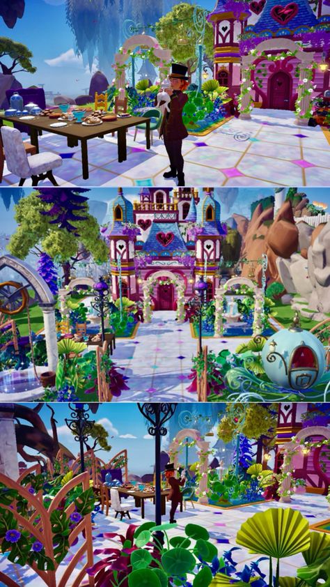 Disney Dreamlight Valley pink castle design inspiration Dreamland Ideas, Disney Island, Valley Game, Disney Dreamlight Valley, Alice In Wonderland Inspired, Valley Landscape, Pink Castle, Castle Designs, Dream Design