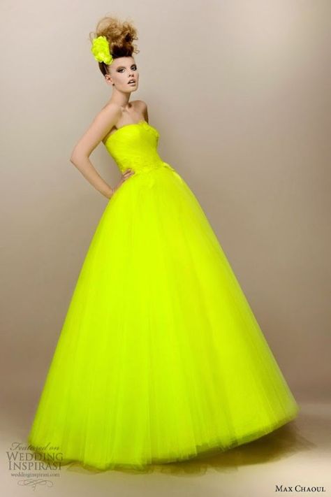 And they say anything that isn't white, ivory or cream just isn't a bridal gown but I must say I disagree. Be bold in a neon yellow wedding dress! Green Gowns, Yellow Wedding Dress, Wedding Yellow, Green Wedding Dresses, Yellow Dresses, Dresses 2013, Organza Skirt, Gown Style, Neon Fashion