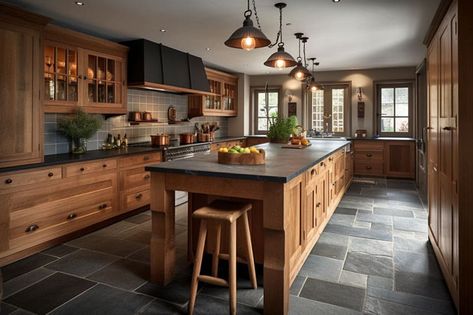 Rustic Wood Kitchen Cabinets, Faux Wooden Beams, Farmhouse Kitchen Flooring, Gourmet Kitchen Design, Walnut Wood Floors, Antique White Kitchen Cabinets, One Wall Kitchen, Antique White Kitchen, Rustic Kitchens