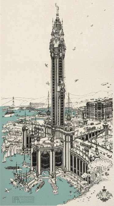 In 1930, Picasso Had a Vision of Manhattan as a Four-Layered Traffic Lasagna - Big Think Décor Steampunk, Fantasy Architecture, Landscape Concept, Fantasy City, Art Et Illustration, Clock Tower, Genoa, Futuristic Architecture, Architecture Sketch