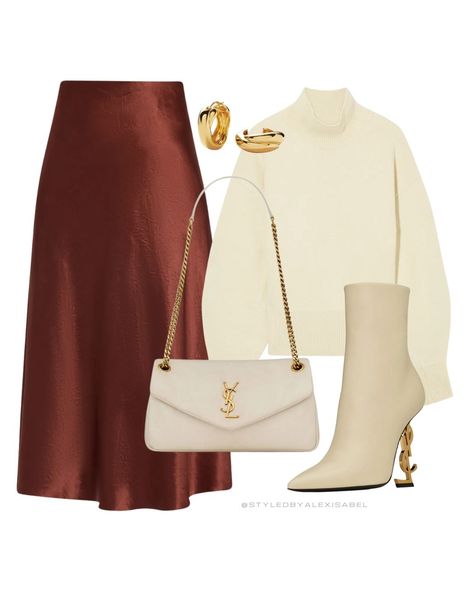 Alex Isabel (@styledbyalexisabel) • Instagram photos and videos Silk Skirt Sweater, Skirt Winter Outfits, Ysl Earrings, Vince Boots, Diverse Fashion, Cream Outfit, Bag Ysl, Skirt Winter, Elevated Fashion