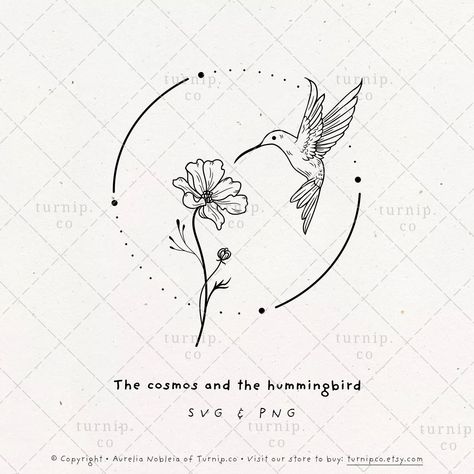 Sun And Hummingbird Tattoo, Tiny Tattoos Hummingbird, Hummingbird Circle Tattoo, Hummingbird With Birth Flowers Tattoo, Flower Cosmos, Cosmos Tattoo, February Birth Flowers, Aquarius Tattoo, Circle Tattoo