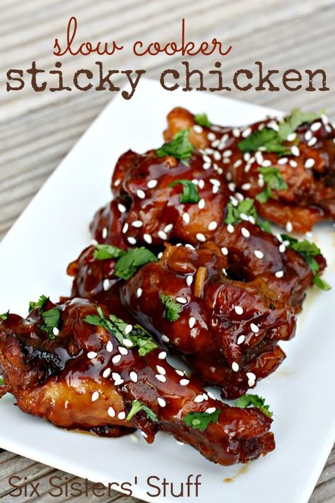 Slow Cooker Sticky Chicken Wings | Six Sisters' Stuff Sticky Chicken Wings, Gf Meals, Sticky Chicken, Chicken Appetizers, Six Sisters, Crock Pot Slow Cooker, Super Bowl Food, Crock Pot Cooking, Chicken Wing Recipes