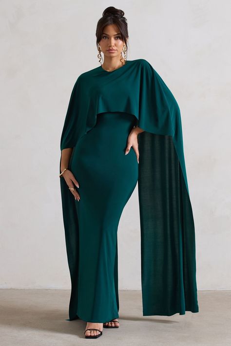 Club L London Padma Draped Bardot Maxi Dress With Cape Sleeves - 38 Dress With Cape Sleeves, Green Drapes, Dress With Cape, Midi Bridesmaid Dress, Green Maxi Dress, Drape Maxi Dress, Club L London, Sleek Bun, Black Dress Prom