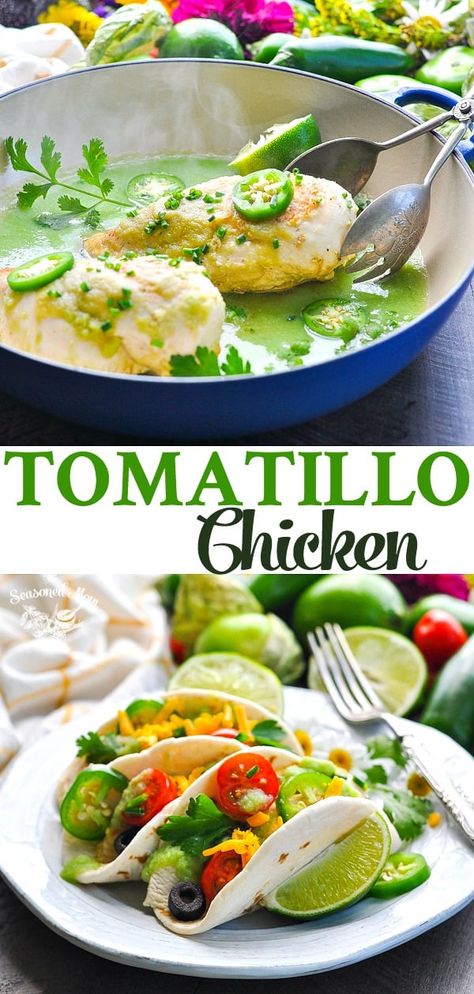 With just 5 ingredients, this Tomatillo Chicken is a healthy dinner recipe in one skillet and it's perfect for Taco Tuesday! Chicken Breast Recipes | Easy Dinner Ideas #chicken #MexicanFood #dinner #TheSeasonedMom #healthyrecipe #healthydinner Easy Dinner Ideas Chicken, Tuesday Chicken, Dinner Ideas Chicken, Tomatillo Chicken, Tomatillo Recipes, Mexican Meals, Healthy Dinner Recipe, Recipes Easy Dinner, Chicken Breast Recipes Easy