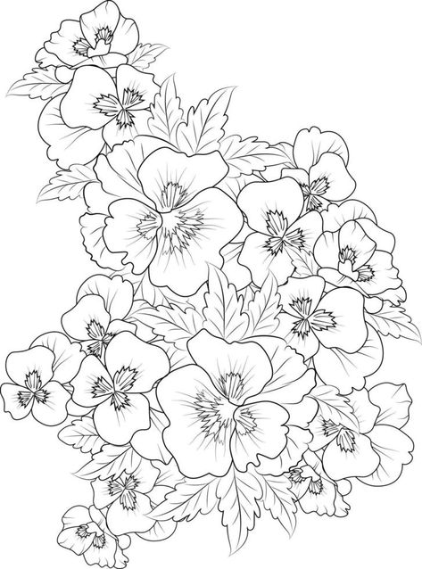 pansy flowers illustration coloring pagse, simplicity, Embellishment, monochrome, vector art, Outline print with blossoms pansy flower, pansy bouquet leaves, and buds, pansy flower tattoo drawing. Pansy Flower Tattoo Black And White, Pansy Flower Tattoo, Pansy Drawing, Bush Drawing, Pansy Bouquet, Flower Spine Tattoos, Art Outline, Flower Tattoo Drawings, Pansy Flowers