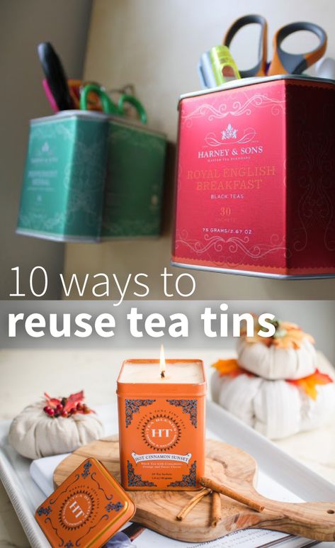 You can organize your home using items you already have (ahem, Harney tea tins, ahem). Read on to learn how you can upcycle tea tins to create a home you’ll love. #ThisIsTea Upcycle Tin Containers, Biscuit Tin Upcycle, Tea Tin Upcycle, Repurposed Tins Containers, Coffee Tins Upcycle, Repurpose Tea Tins Ideas, Reuse Tea Tins, Harney And Sons Tea Tins Crafts, Tea Tin Crafts