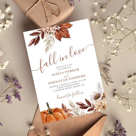 $2.04 | Fall in Love botanical watercolor pumpkin wedding #fall in love, bohemian, fall autumn wedding, terracotta burnt rust orange, floral, wedding reception, fall wedding couple party, rustic modern, pumpkin Popular Wedding Themes, Minimal Typography, Pumpkin Wedding, Watercolor Pumpkin, Country Wedding Invitations, Watercolor Pumpkins, Fall Wedding Invitations, Invitation Kits, Calligraphy Script