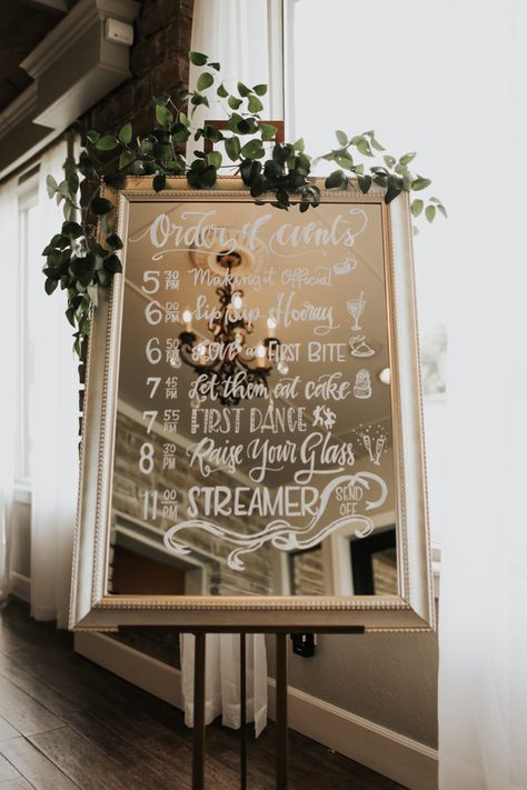 Wedding Timeline Sign Mirror, Mirror Ideas Wedding, Order Of The Day Mirror, Wedding Timeline Mirror, Order Of Events Wedding Sign Mirror, Mirror Order Of The Day Wedding, Vintage Wedding Signage, Event Mirror, Order Of Events Wedding Sign