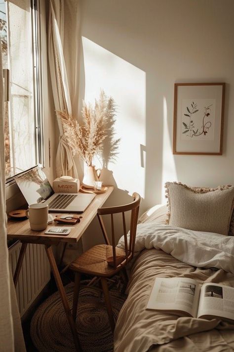 15 Tips for a Cozy Desk Setup: Inspiration for Small Spaces – Everyday Inspo Desk In Living Room Aesthetic, Bedroom Small Desk Ideas, Small Writing Desk In Living Room, Cozy Bedroom With Desk, Desk In Bedroom Ideas Layout, Study Desk In Bedroom, Small Desk In Bedroom, Desk In Small Bedroom, Small Room With Desk