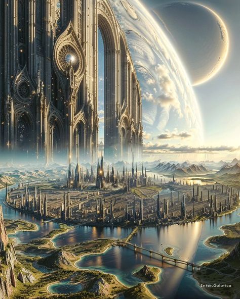 Advanced Civilization, Ville Cyberpunk, Scifi Artwork, Portal Art, Sci Fi City, Castle Art, Fantasy Props, Spaceship Art, Fantasy Theme