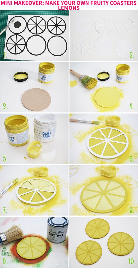 Mini Makeover: Make Your Own Fruity Coasters | Style for a Happy Home Lemon Coaster, Lemon Coasters, Tutti Fruity Party, Cardboard Creations, Fruity Design, Lemon Crafts, Ballerina Cake Topper, Lemon Theme, Orange Party