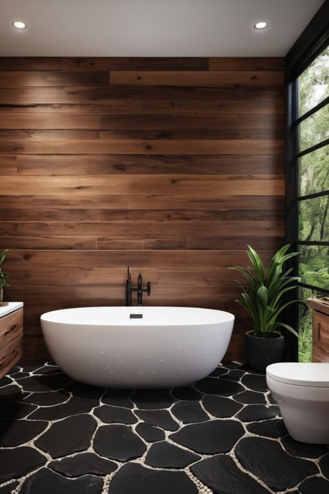 Find your zen in this nature-inspired bathroom featuring dark cedar walls and a mesmerizing black river rock floor. Where outdoor beauty meets indoor luxury. #NaturalDesign #CedarWood #SpaLike Rock Shower Ideas, River Rock Bathroom, Rock Bathroom, River Rock Floor, River Rock Shower, Black River Rock, Nature Inspired Bathroom, Rock Shower, Rock Floor