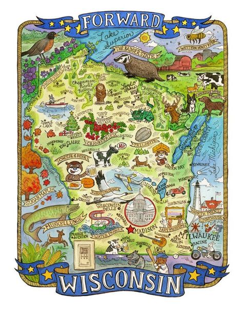 "Wisconsin state map This is a print from an original watercolor and ink illustration. The image measures about 18 1/2\" x 14 1/2\" printed on 16\" x 20\" high quality archival matte fine art paper with archival pigment inks to bring you a lifetime of enjoyment. Each print comes titled and signed and is packaged with acid free backing and sealed in a clear protective bag. Ships flat in a sturdy stay flat mailer via USPS Priority Mail in the USA and carefully rolled and packaged in a crush resist Watercolor And Ink Illustration, Wisconsin Art, State Map Art, Wisconsin State, National Symbols, Art Carte, Ink Illustration, Map Art Print, State Map