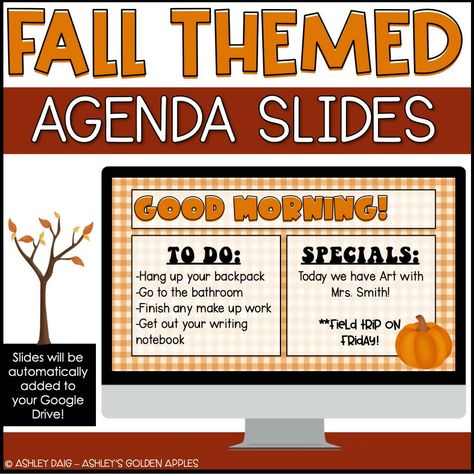 Editable Fall Themed Agenda Slides by Ashleys Golden Apples Prepare For Back To School, Daily Agenda Slides, Classroom Slides, Agenda Printable, Writing Conferences, Read To Self, Reading Stations, Google Slides Templates, Etsy Decor