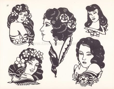 Traditional Tattoo Woman, Sailor Jerry Flash, Vintage Tattoo Art, Traditional Tattoo Flash Art, Vintage Tattoo Design, Traditional Style Tattoo, Flower Wrist Tattoos, Special Tattoos, Tattoo Collection