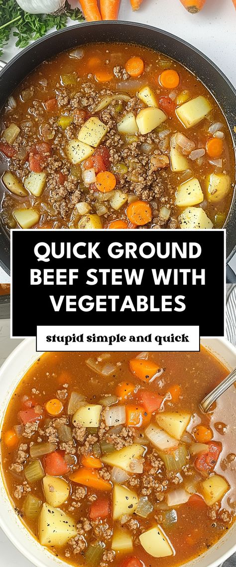 Image for Quick Ground Beef Stew with Vegetables Ground Beef Stew Recipes Simple, Quick Beef Stew Stove Top, Beef Stew With Canned Vegetables, Beef Stew Without Tomatoes, Beed Stew, Vegetable Soup With Ground Beef, Ground Beef Vegetable Soup, Vegetable Beef Stew Recipe, Quick Beef Stew